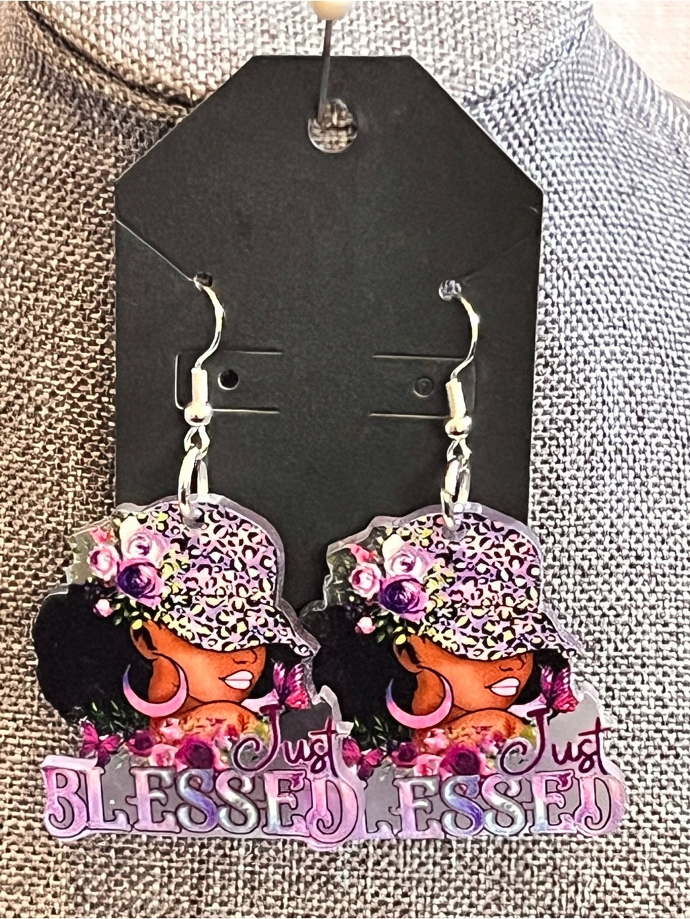 Purple 'Just Blessed' Floral Statement Drop Earrings for Women